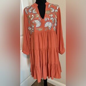 Entro Floral Embroidered Midi Dress Women Size Medium Pumpkin Color Lined